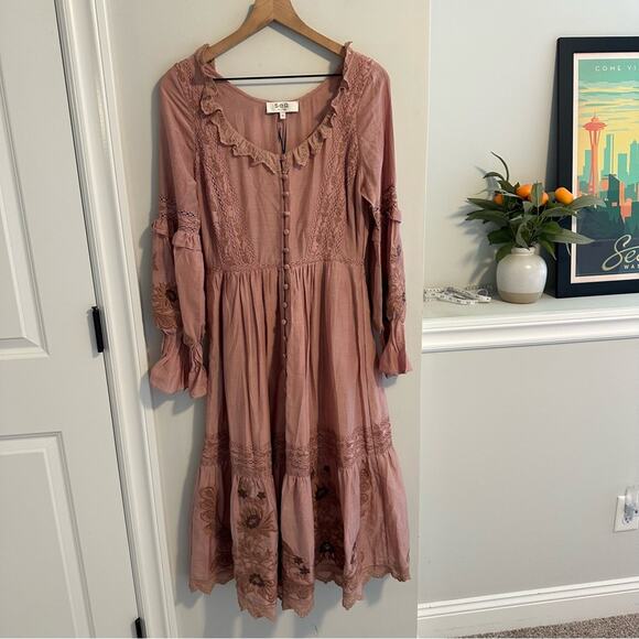 NWT SEA New York Mauve Pink Floral Embroidered Button Front Maxi Dress XS - Picture 2 of 15